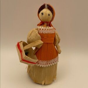 Vintage Handcrafted Corn Husk Doll with Basket - 3.25”